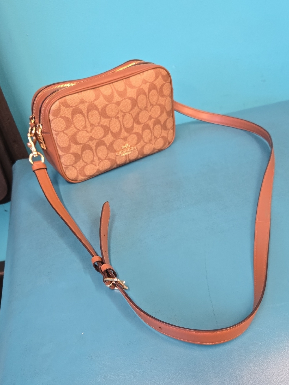 Coach  Signature Coated Canvas Double Zipper Crossbody Gold Hardware